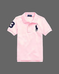 Pink polo shirt with a logo on a white background
