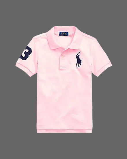 Pink polo shirt with a logo on a white background